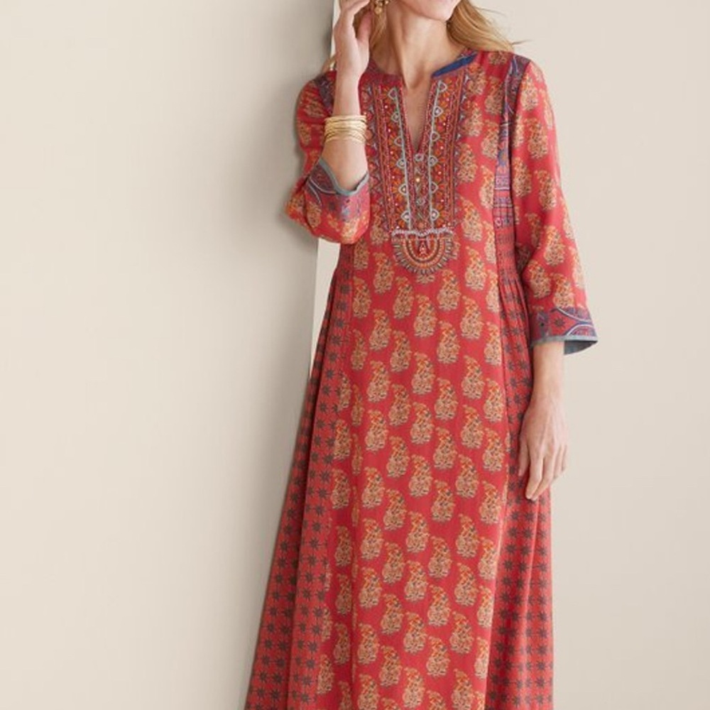 Soft Surroundings Coral Paisley Midi Dress with Blue Trim PXS